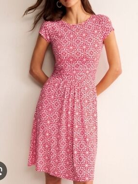 Boden Red Amelie Jersey Dress Flame Scarlet Floral Mosaic Pattern Size US 4L